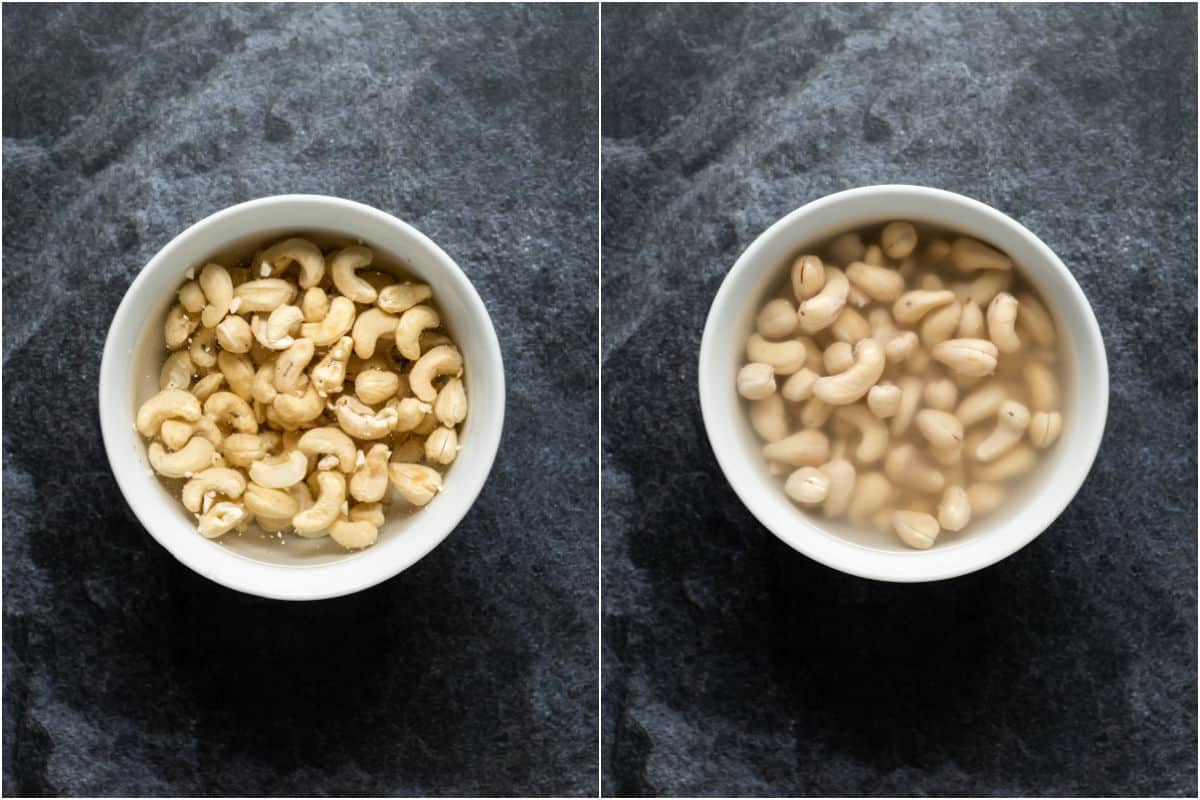 Two photo collage showing cashews in a bowl with water added and then after an hour of soaking.