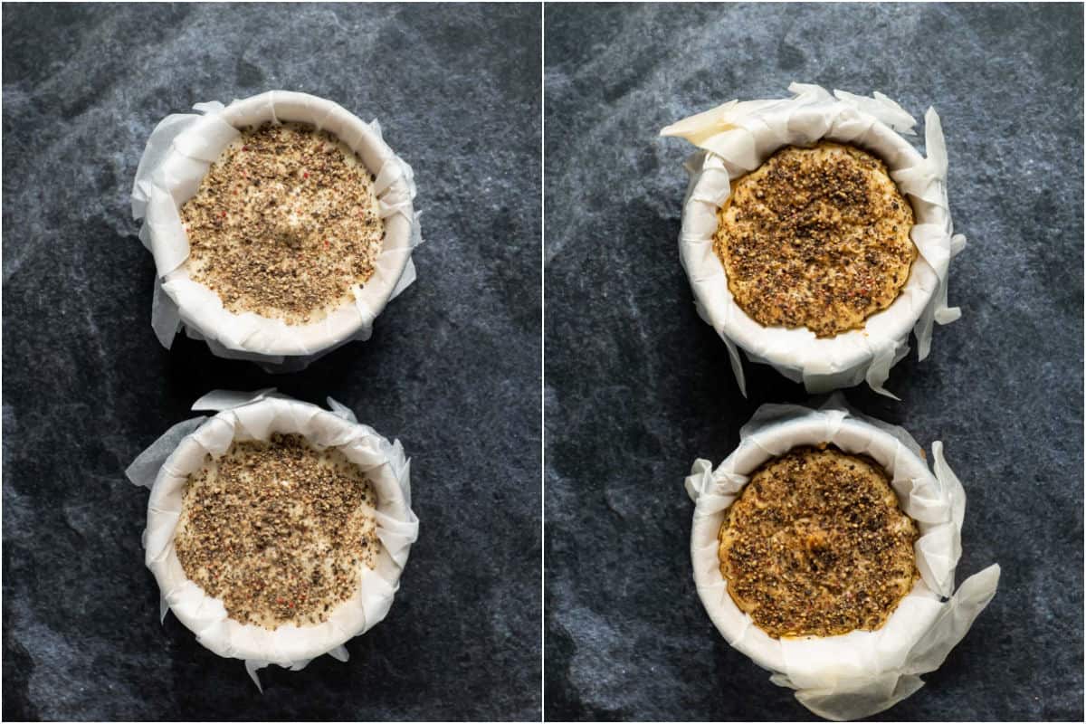 Two photo collage showing black pepper added to the top of the camembert and then baked.