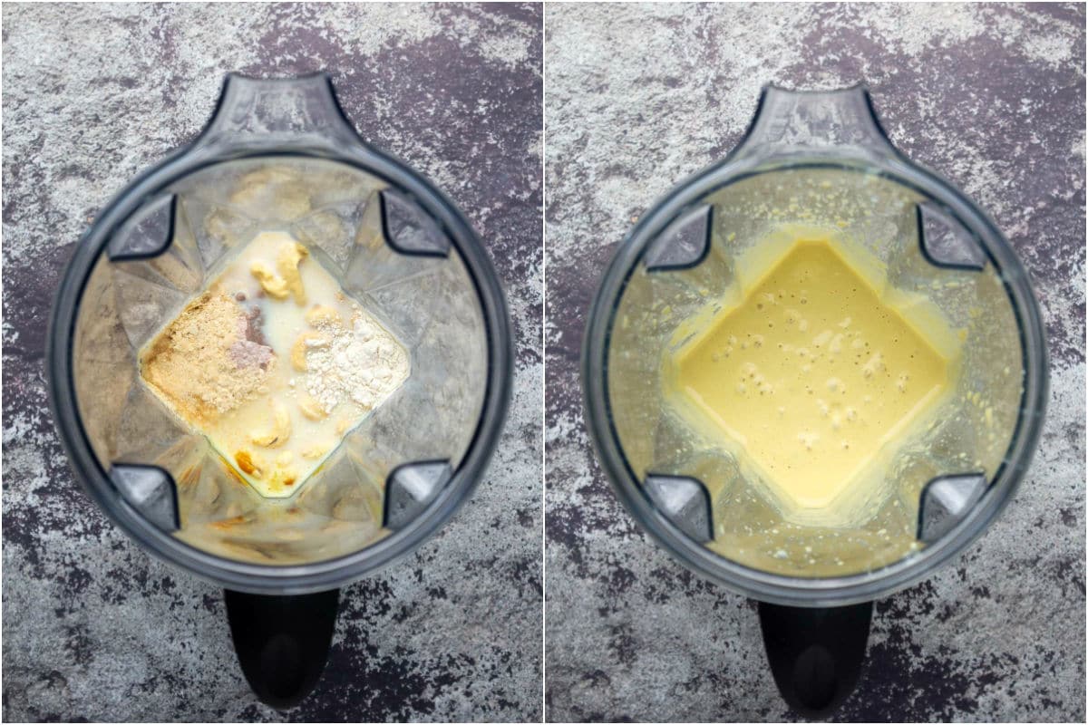 Collage of two photos showing ingredients for carbonara sauce added to blender and blended. 