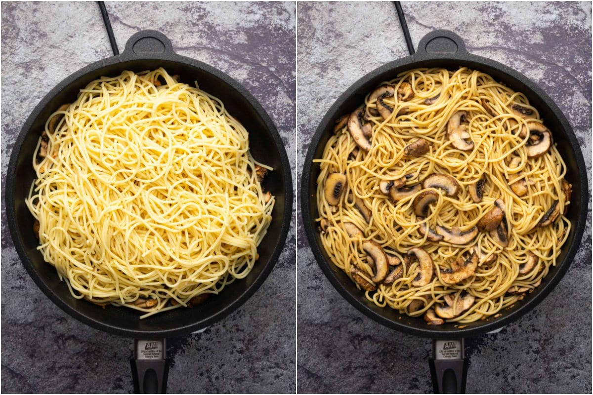Two photo collage showing cooked spaghetti added to mushrooms and tossed.