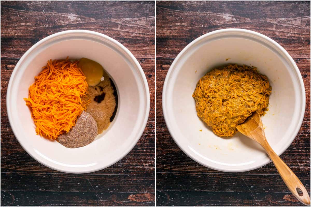 Two photo collage showing wet ingredients added to dry and mixed into a thick carrot cake batter.