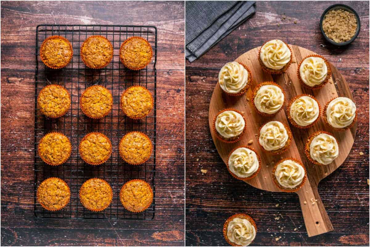 Two photo collage showing cupcakes on a wire cooling rack and then frosted on a wooden board.