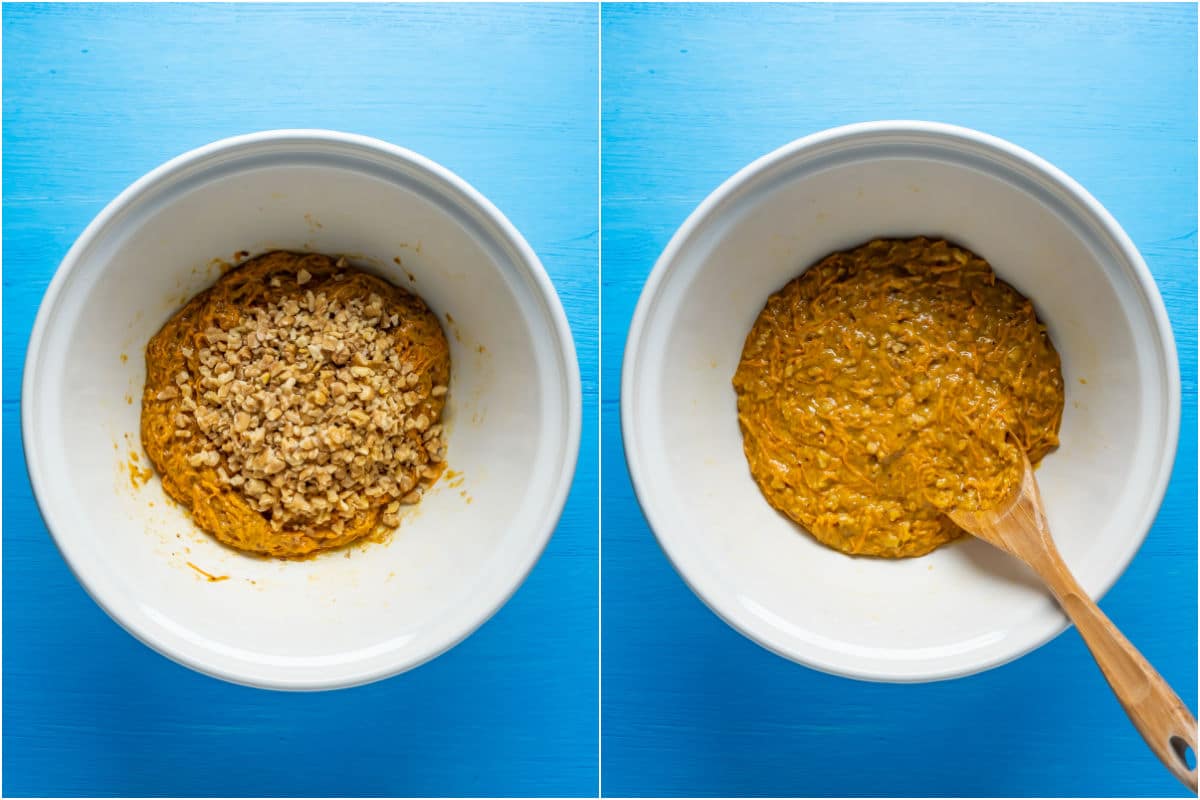 Two photo collage showing chopped walnuts added to mixing bowl and mixed in.