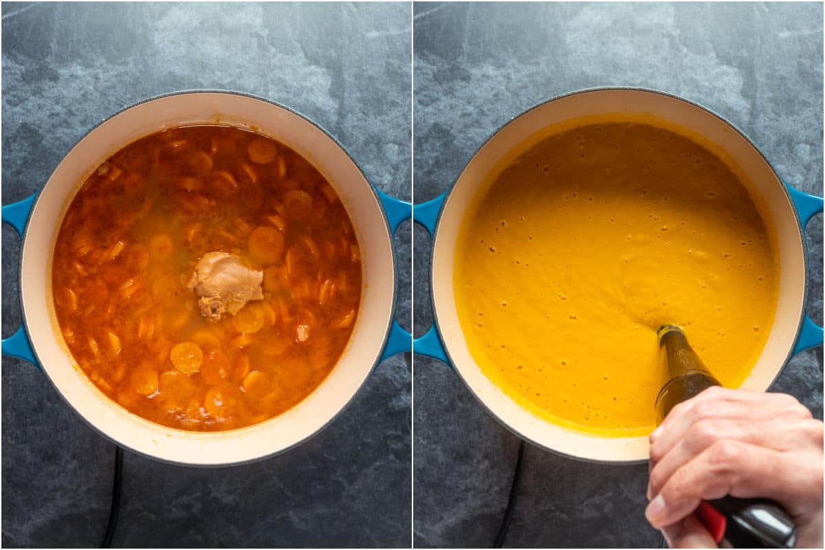 Peanut butter added to soup in the pot and then the whole soup blended with an immersion blender.