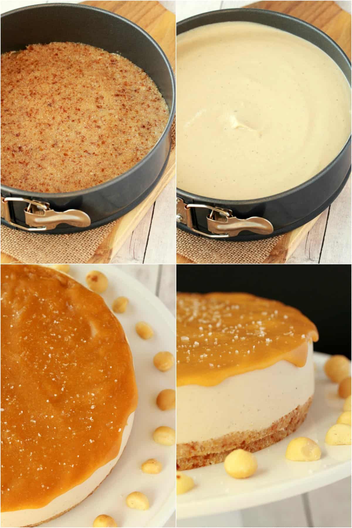 Process photo collage of making vegan cheesecake. 