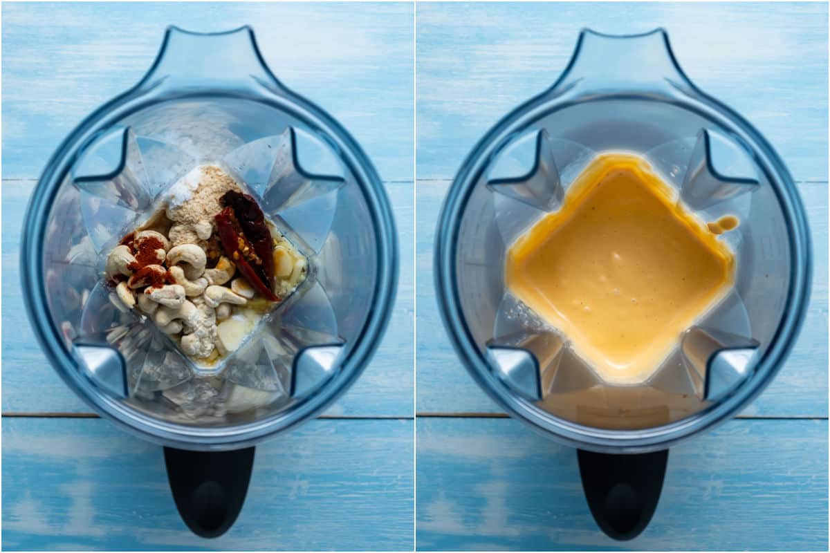 Two photo collage showing ingredients for vegan chipotle sauce in a blender before and after blending.