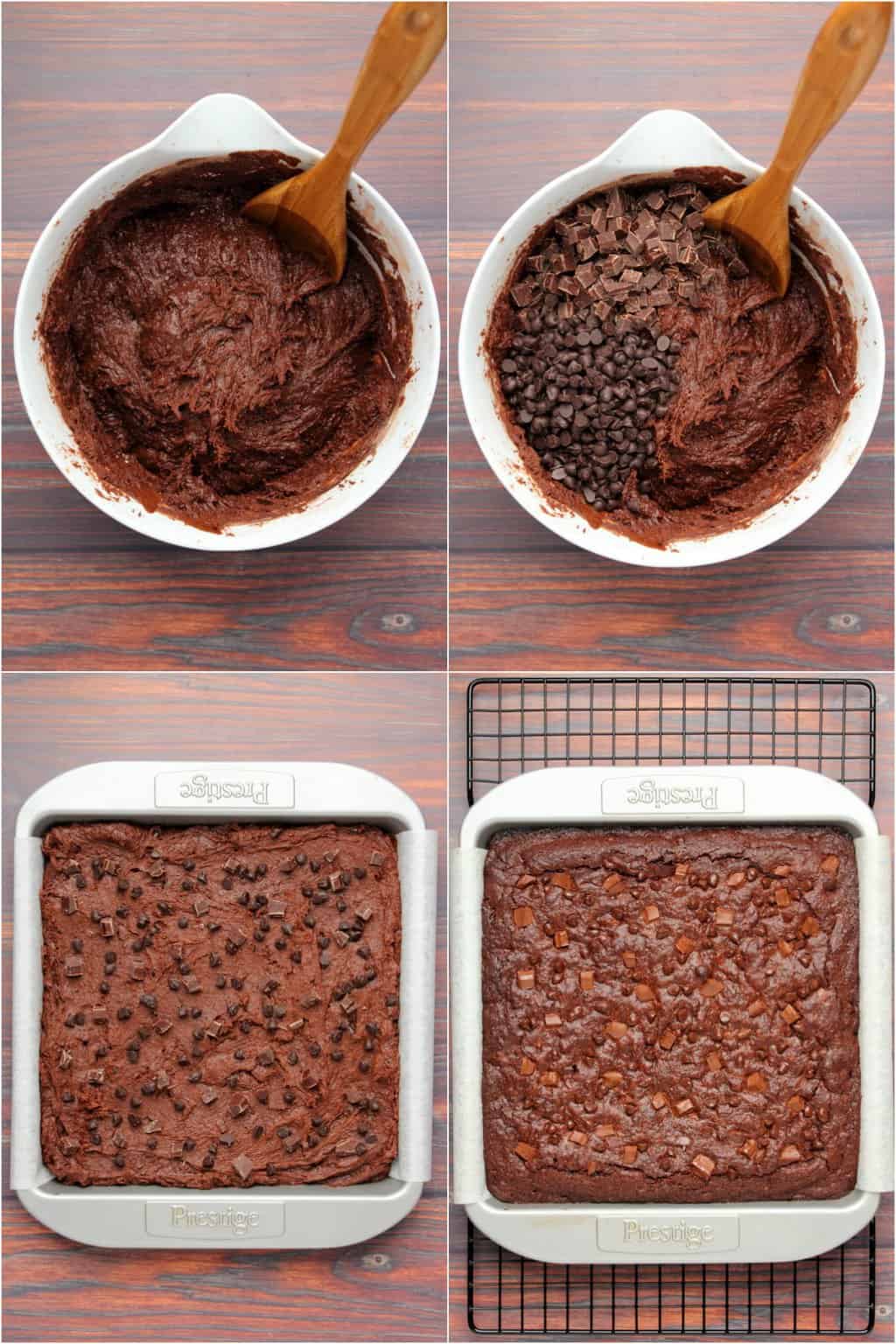 Step by step process photo collage of making vegan chocolate brownies. 