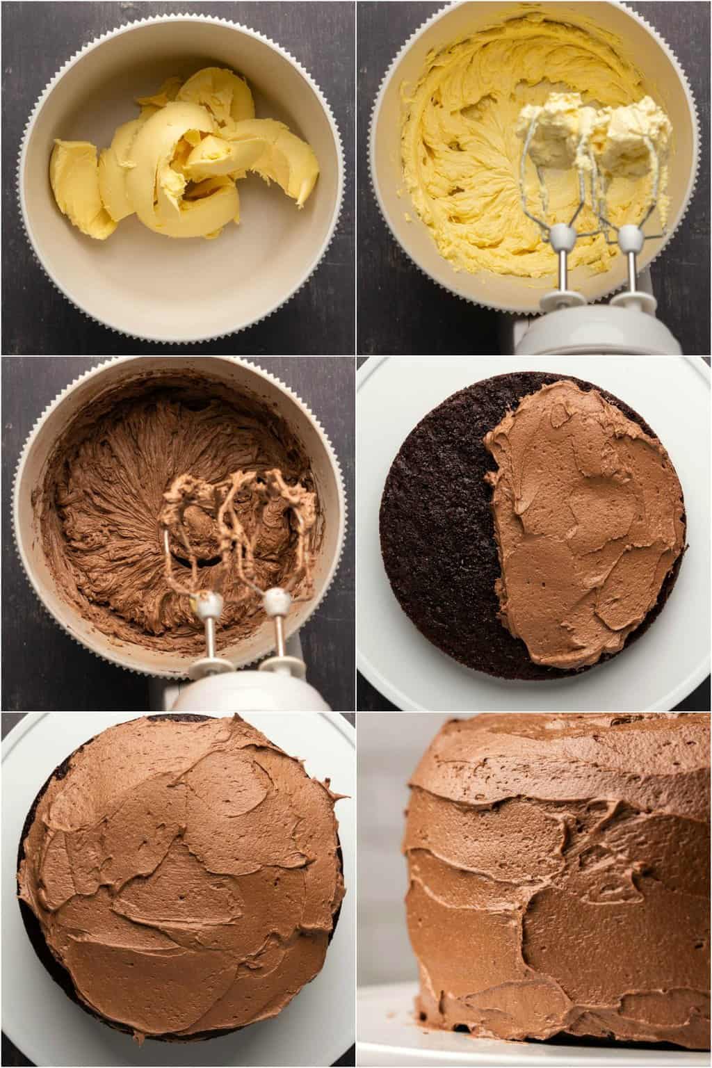 Step by step process photo collage of making vegan chocolate buttercream frosting. 