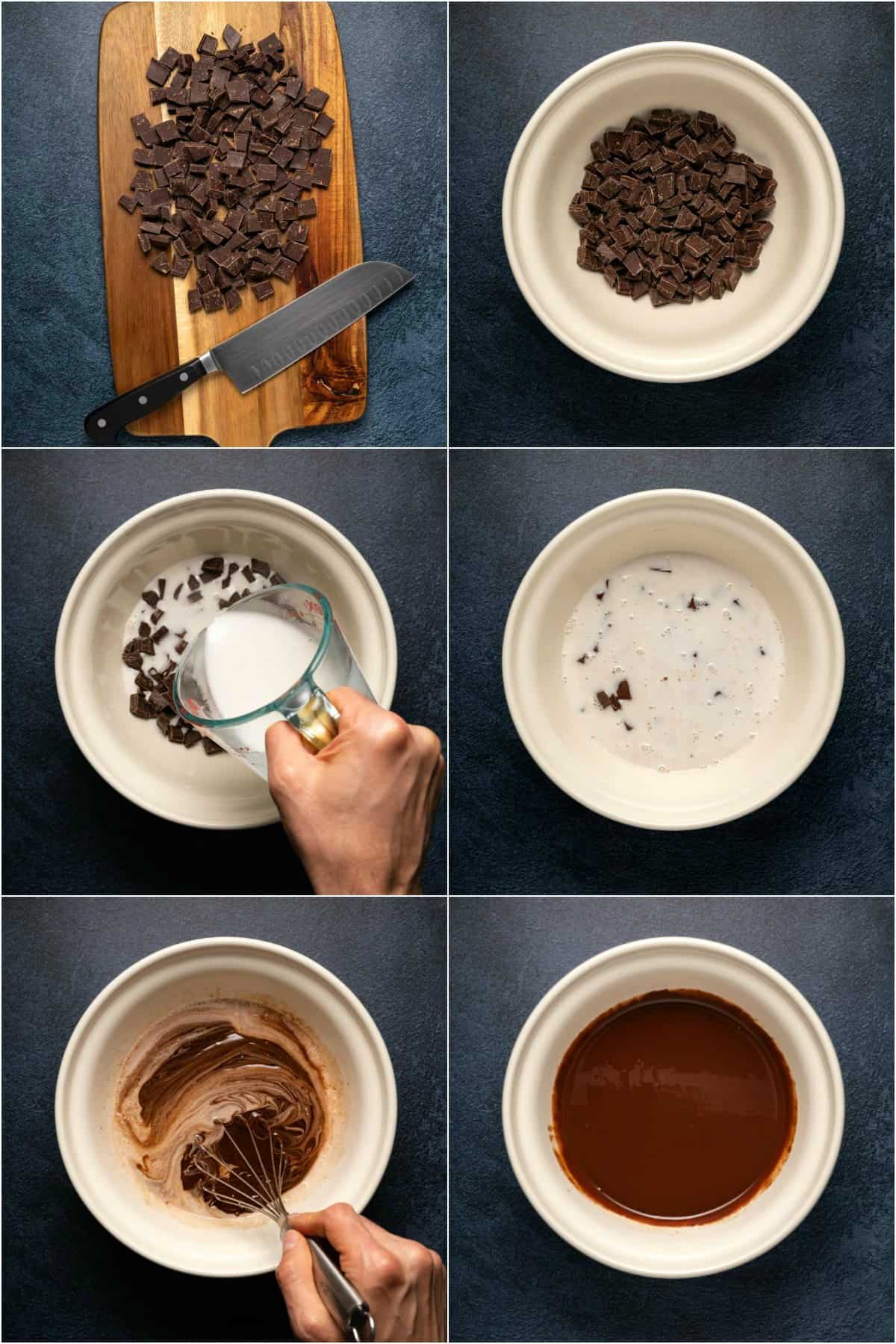 Step by step process photo collage of making vegan chocolate ganache. 