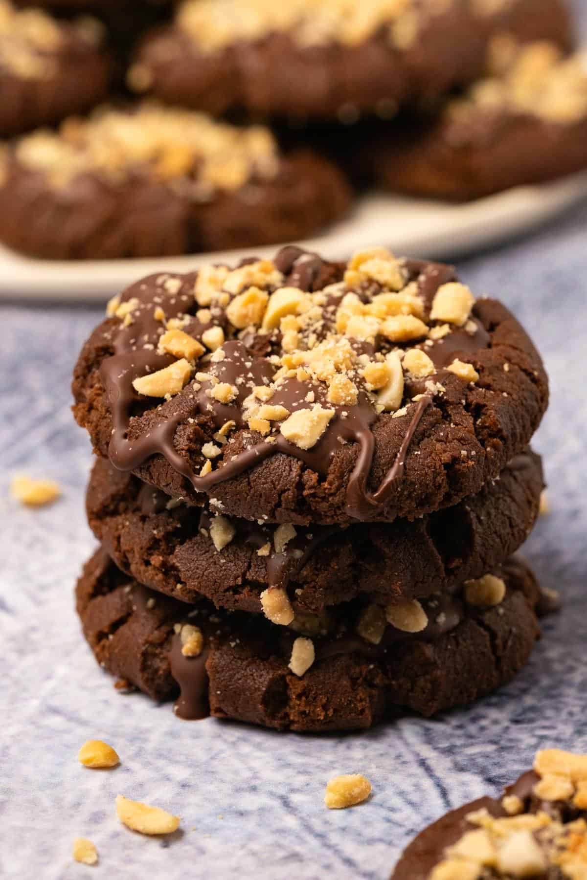 Vegan chocolate peanut butter cookies in a stack. 