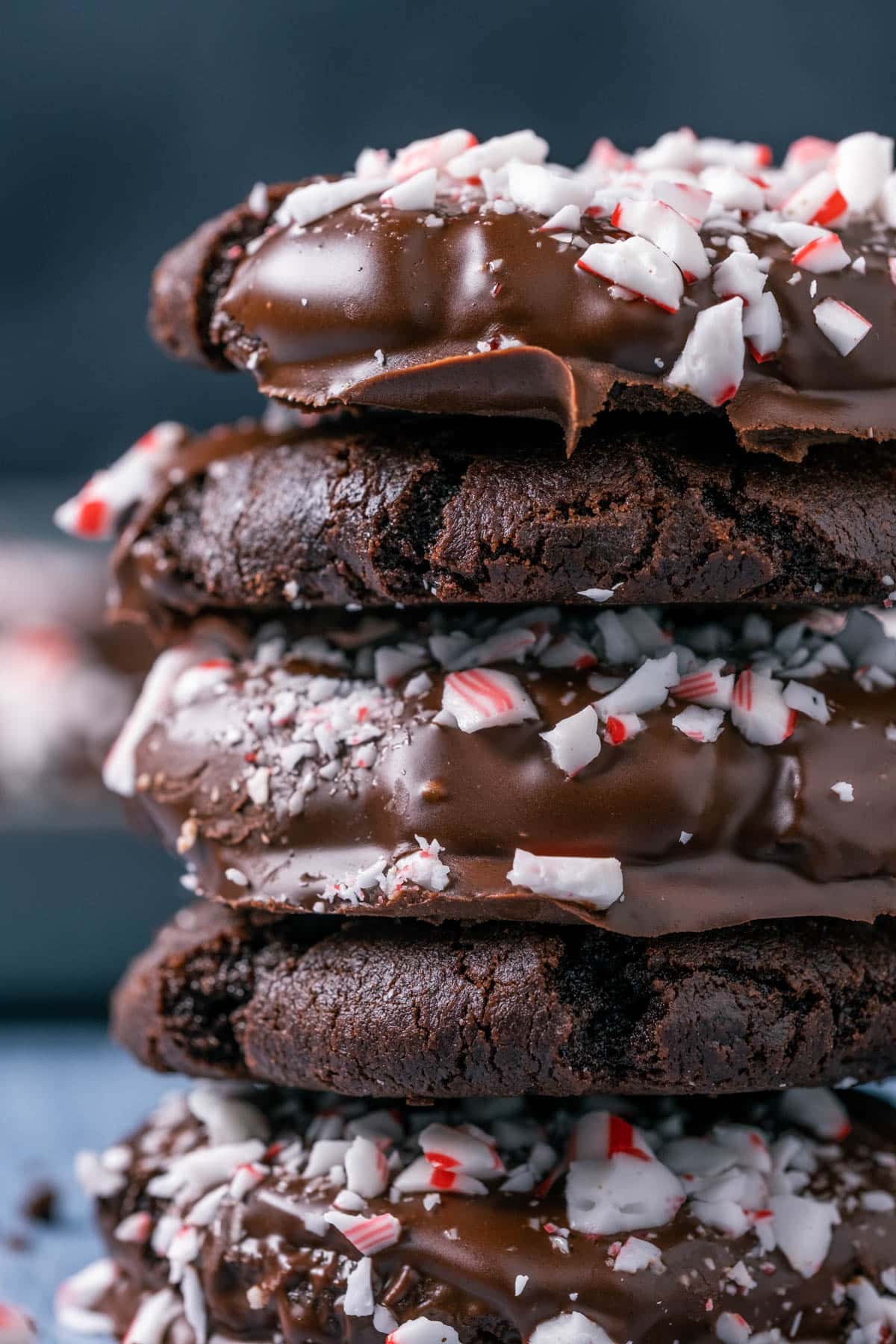 A close up stack of 5 chocolate peppermint cookies