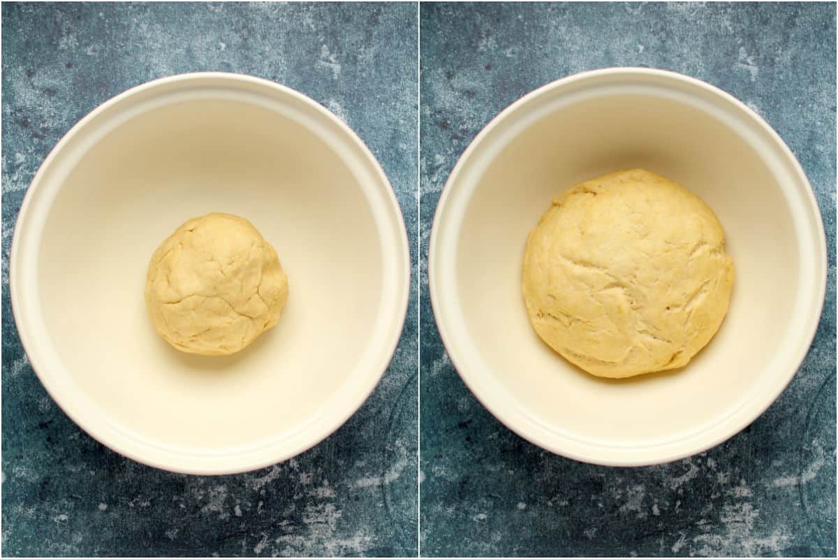 Two photo collage showing small ball of dough in mixing bowl and then the risen dough.