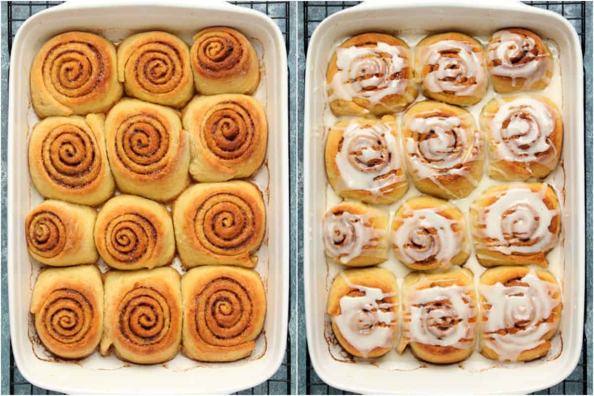 Two photo collage showing baked cinnamon rolls and then drizzled with icing sugar.
