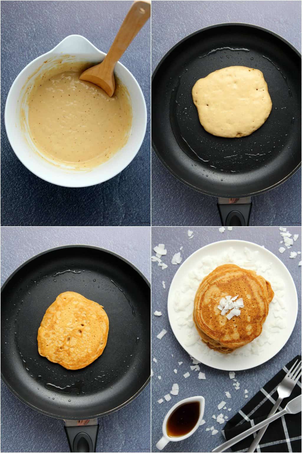 Step by step process photo collage of making vegan coconut pancakes. 