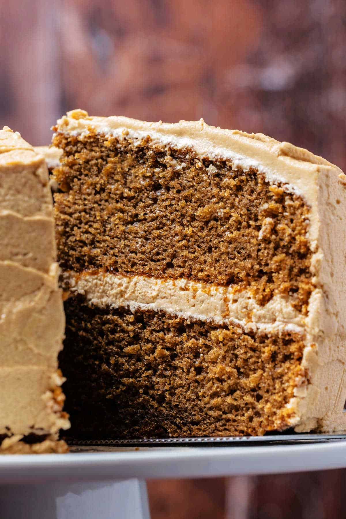 Slice of coffee cake on a cake lifter.