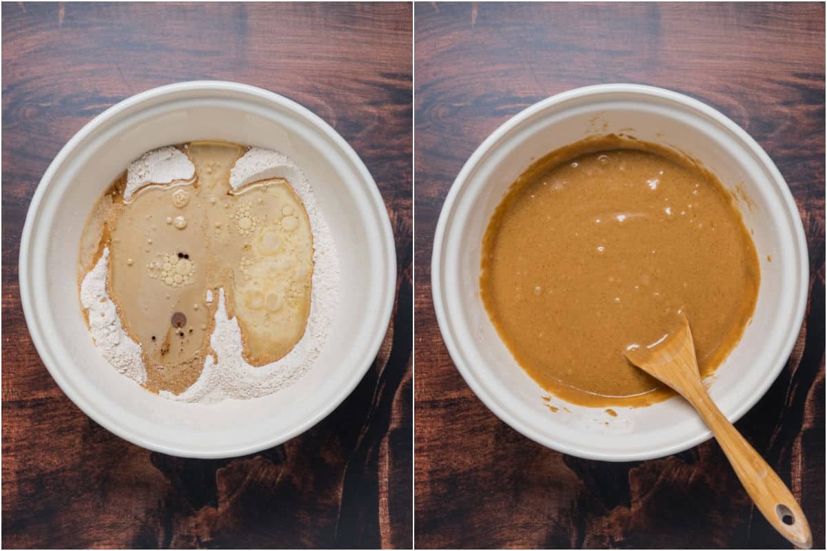 Collage of two photos showing wet ingredients added to mixing bowl and mixed into a batter.