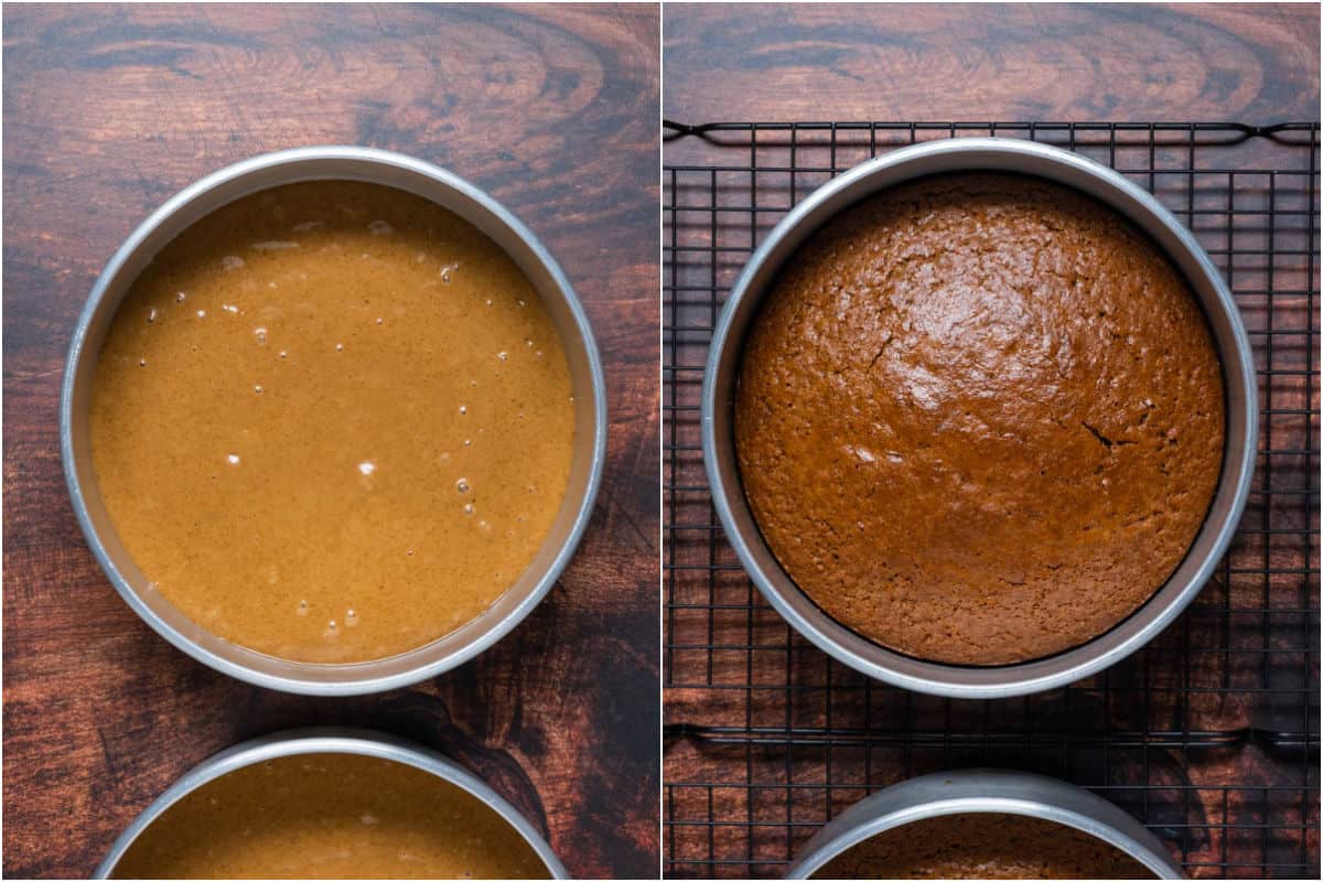 Collage of two photos showing coffee cake before and after baking.