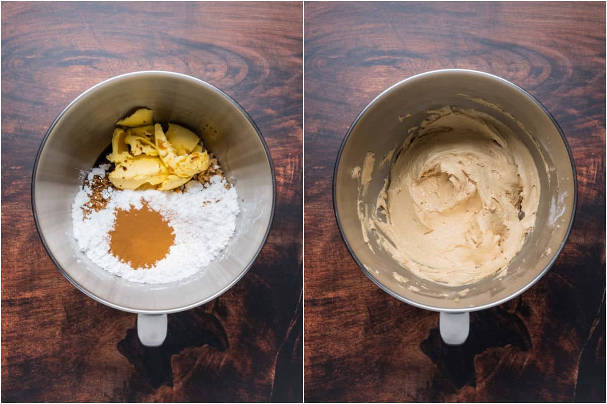 Collage of two photos showing ingredients for frosting added to stand mixer and mixed together.
