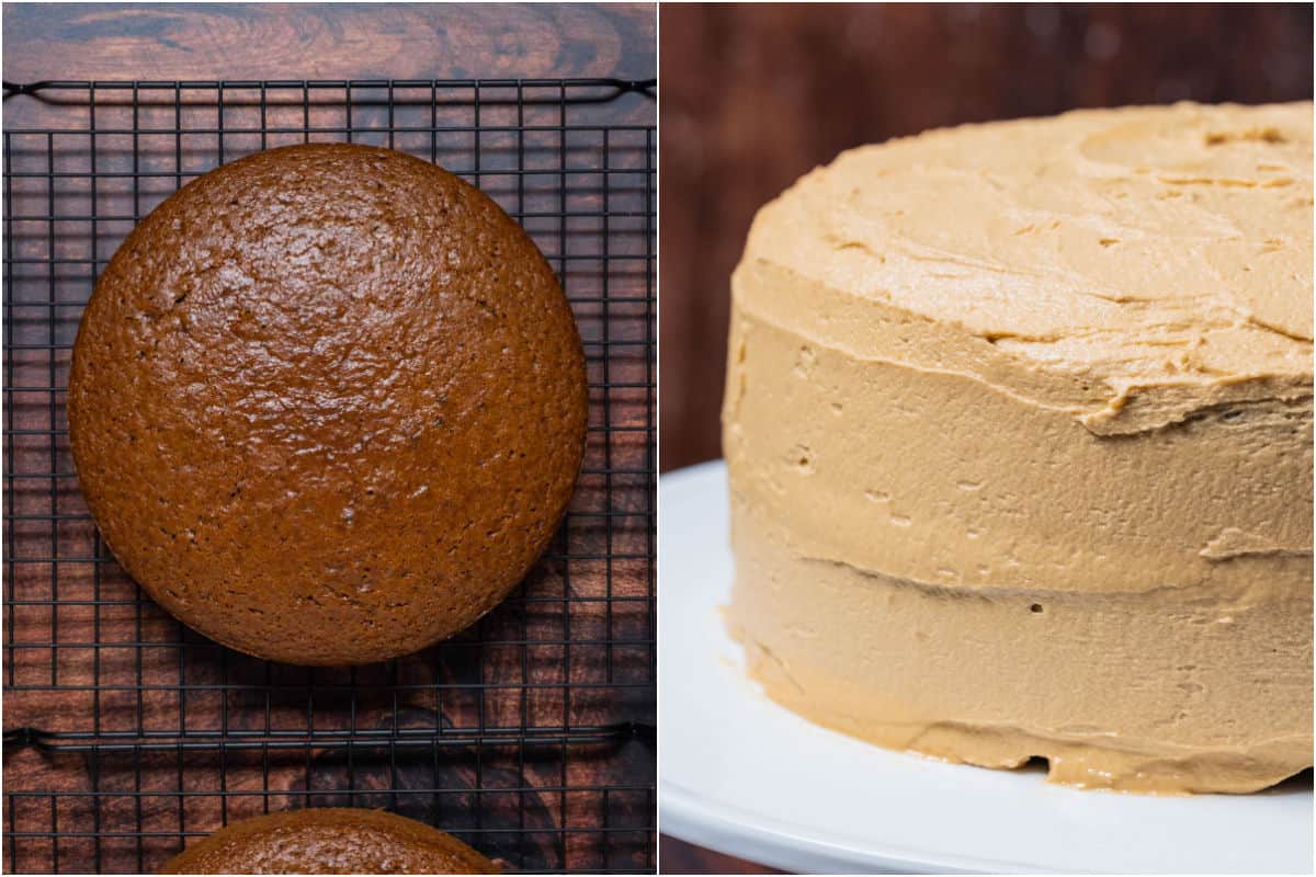 Two photo collage showing cakes cooling on wire cooling rack and then the frosted cake on a white cake stand.