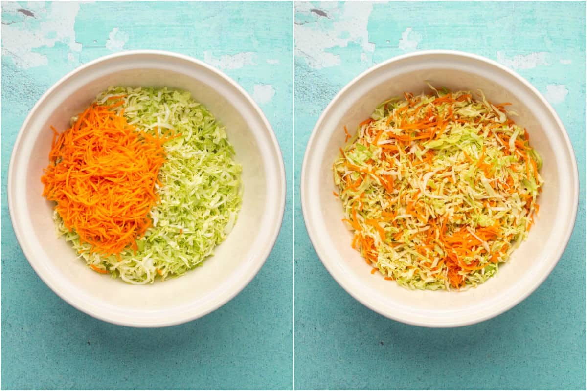 Two photo collage showing shredded cabbage and carrots added to mixing bowl and mixed together.