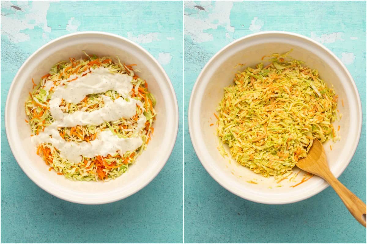 Two photo collage showing dressing poured over shredded cabbage and carrot and mixed in.