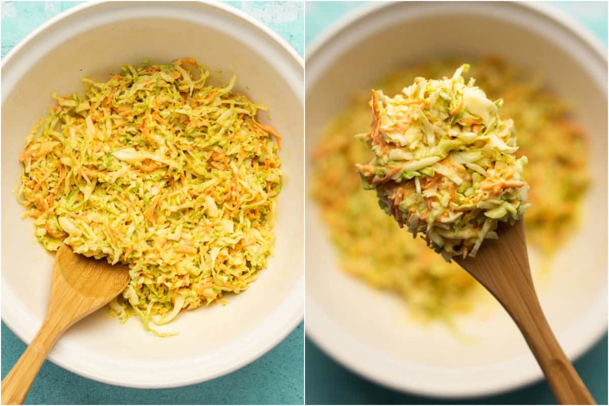 Two photo collage showing coleslaw after chilling in the fridge.