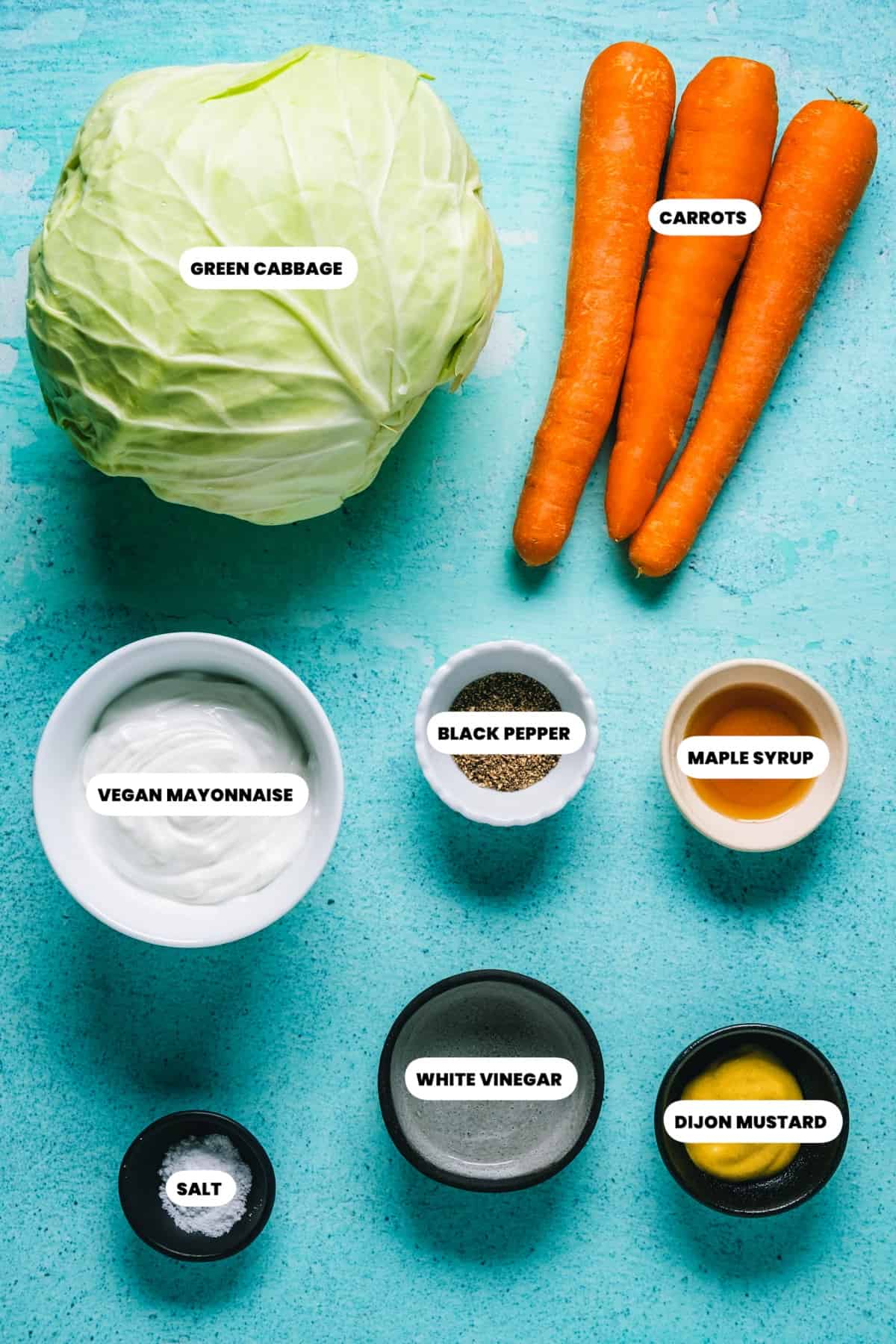Photo of the ingredients needed to make vegan coleslaw.
