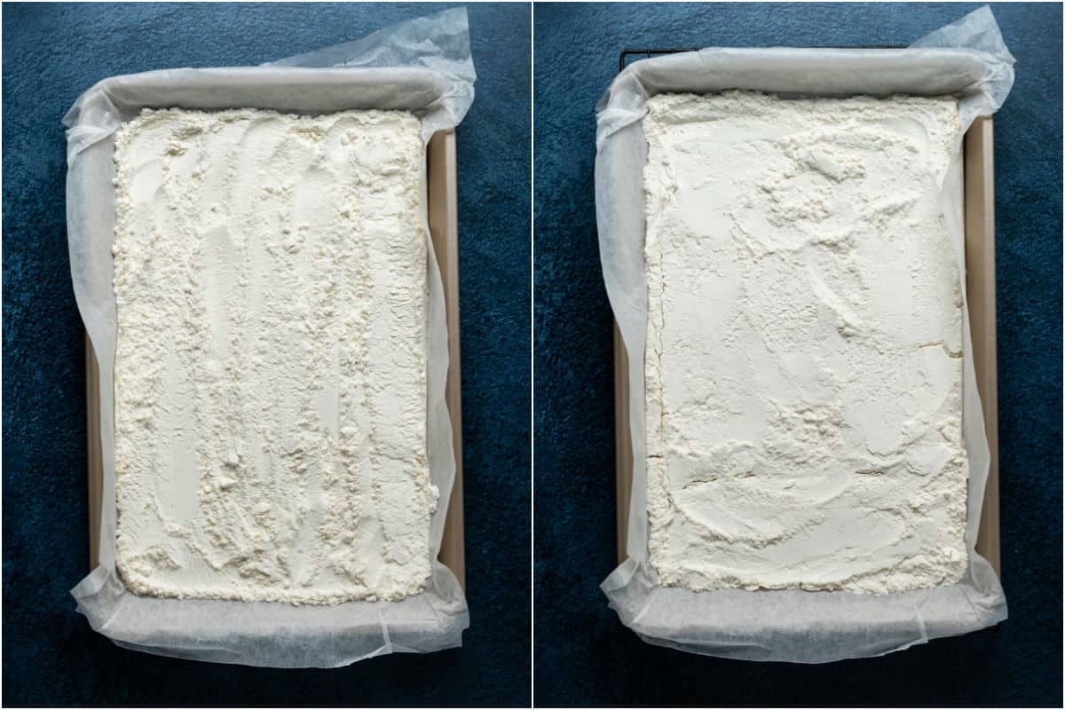Two photo collage showing flour on a baking tray before and after heat treating in the oven.