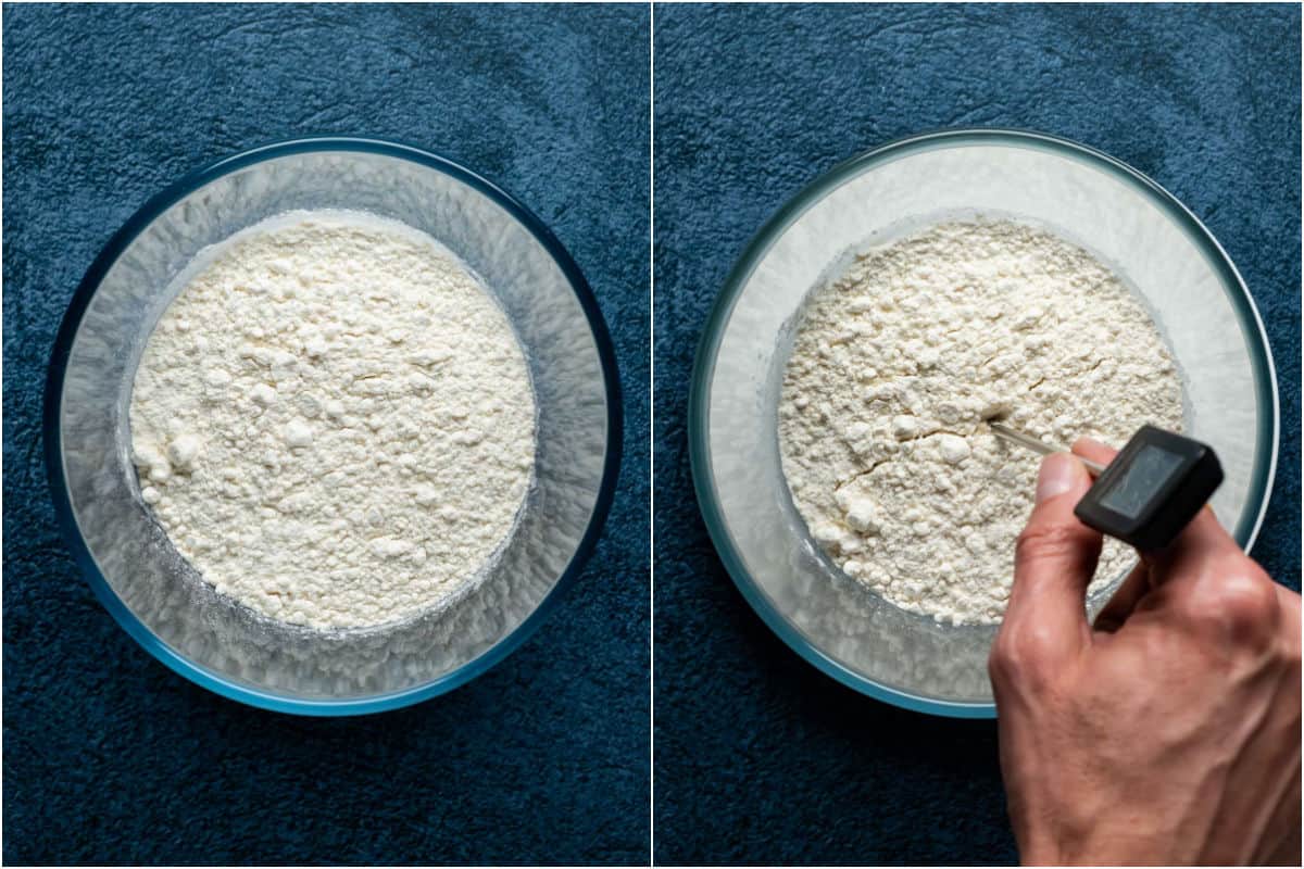 Two photo collage showing flour in a bowl and then with an instant read thermometer in the flour.