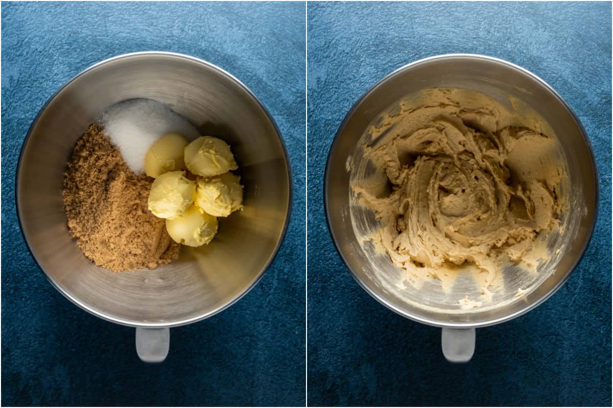 Two photo collage showing vegan butter, brown sugar and granulated sugar added to stand mixer and creamed together.