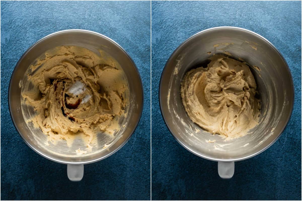Two photo collage showing salt and vanilla added to stand mixer and mixed in.