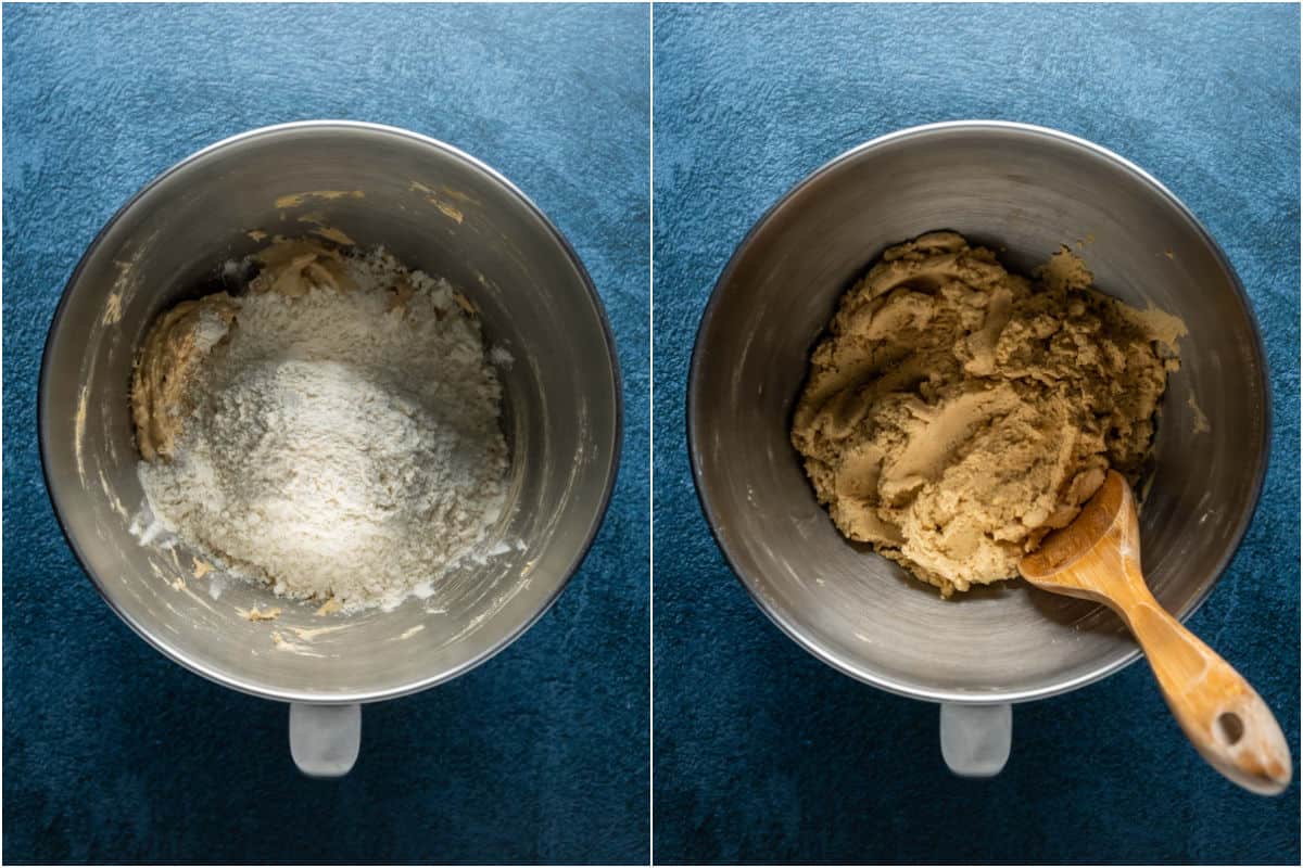 Two photo collage showing heat treated flour added to bowl and mixed into a cookie dough.