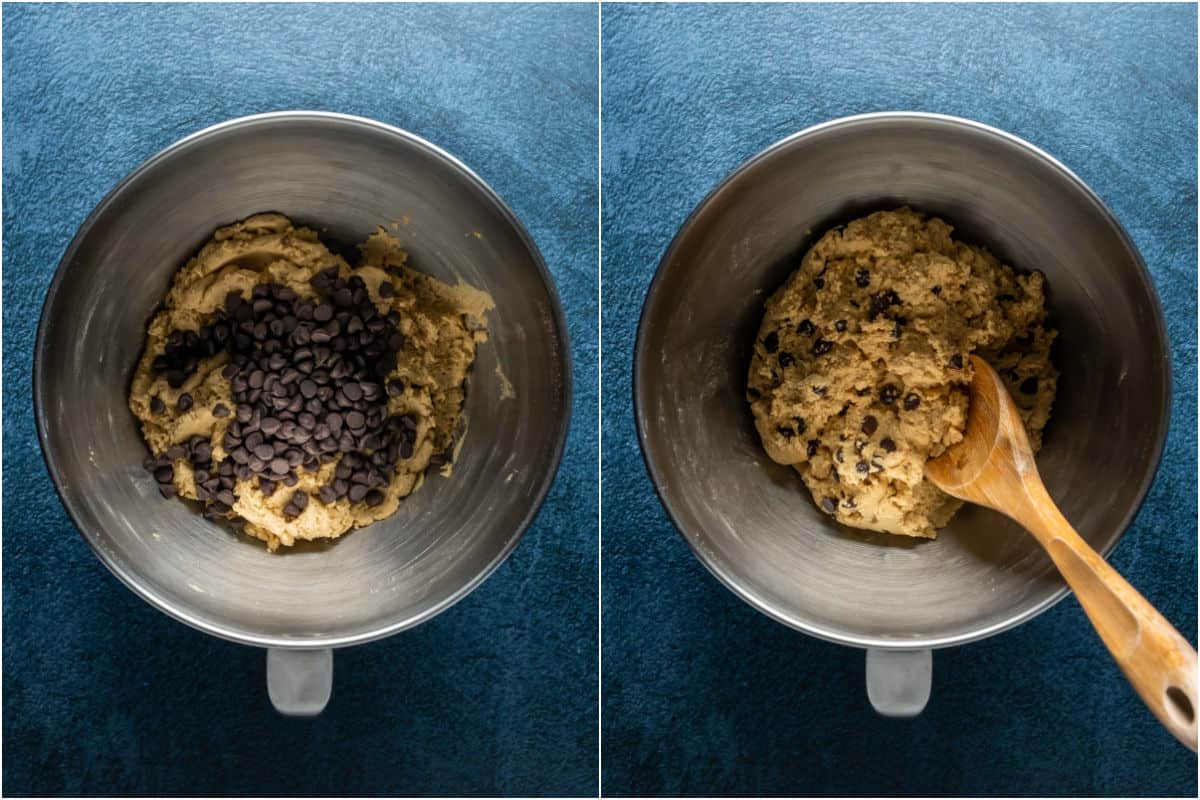 Two photo collage showing chocolate chips added to cookie dough and mixed in.
