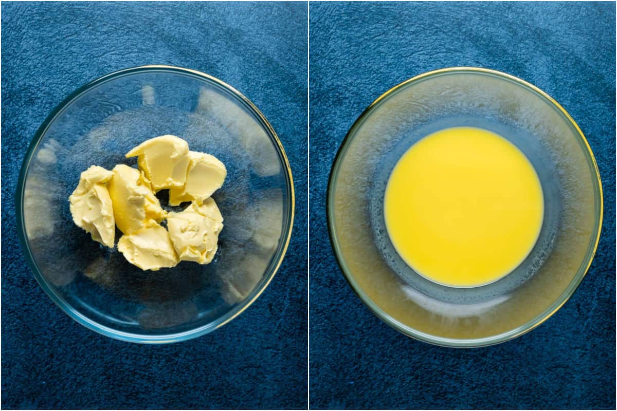 Two photo collage showing vegan butter added to microwave safe bowl and melted.