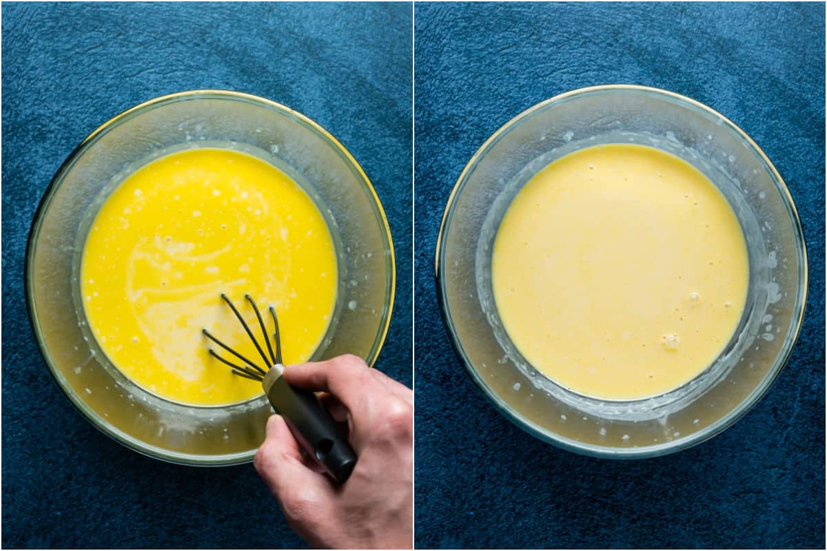 Two photo collage showing wet ingredients whisked together until smooth.