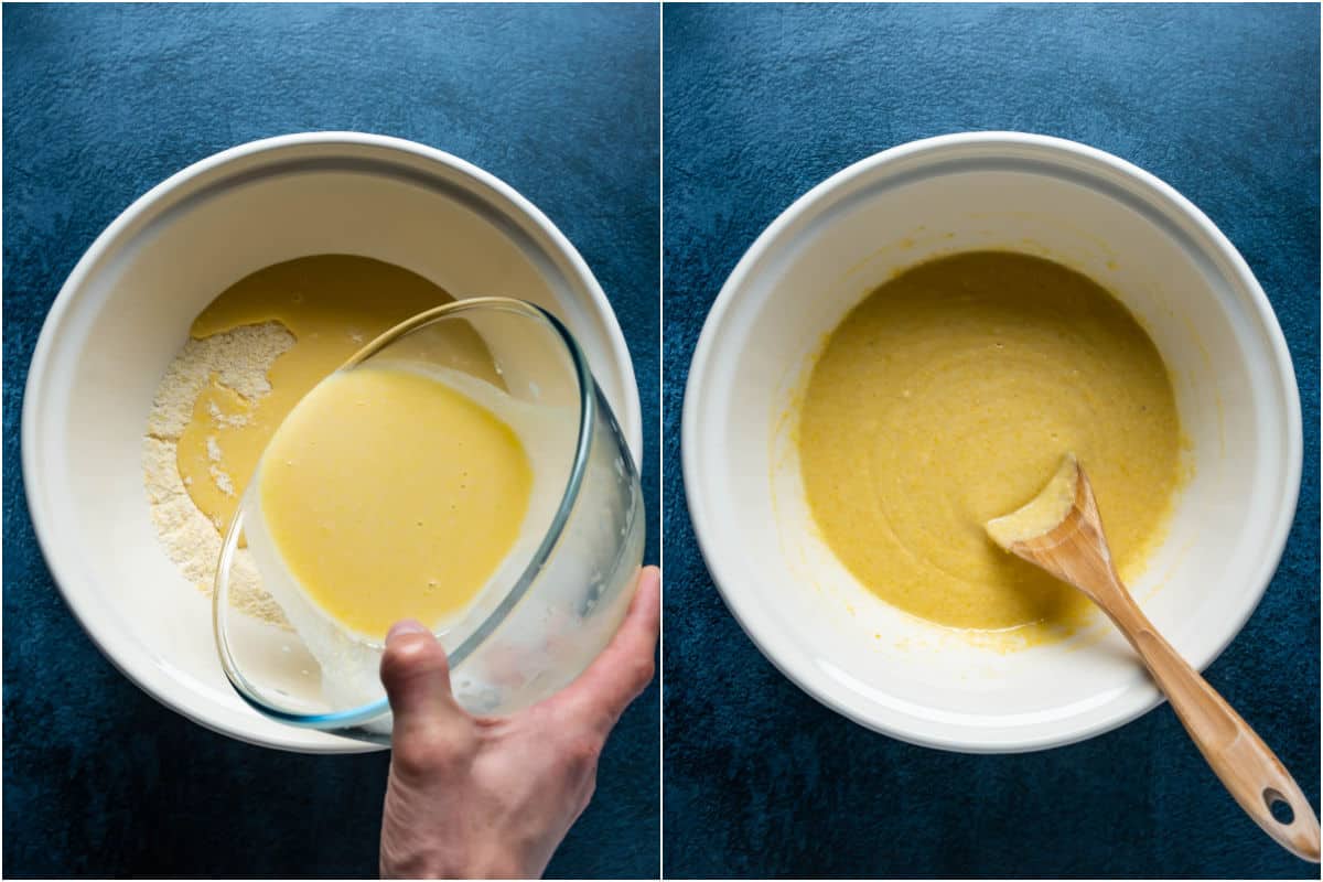 Two photo collage showing wet ingredients added to dry and mixed together into a batter.
