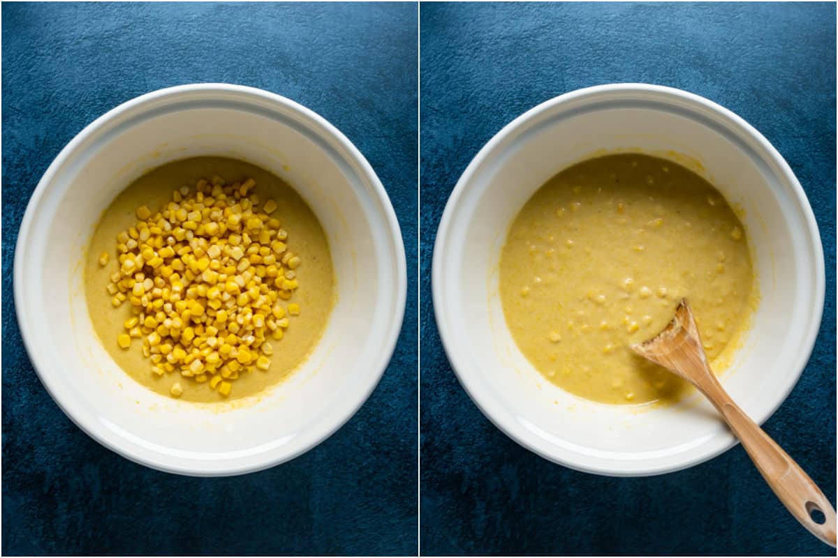 Two photo collage showing whole corn kernels added to batter and folded in.