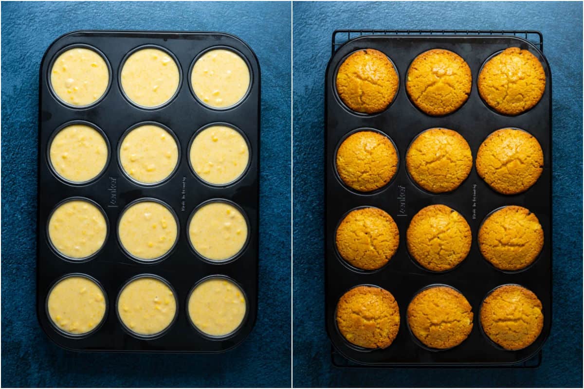 Two photo collage showing cornbread muffins in a muffin tray before and after baking.