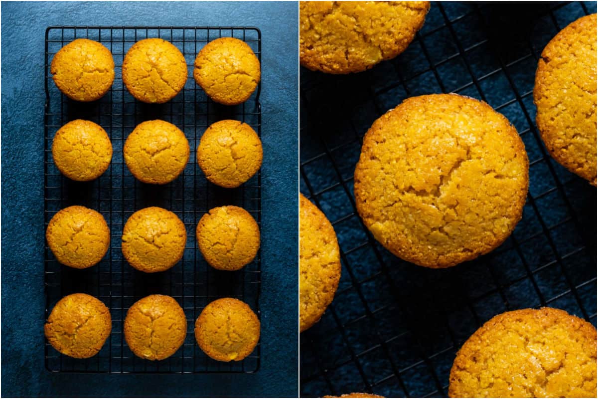 Two photo collage showing vegan cornbread muffins on a wire cooling rack and then close up.