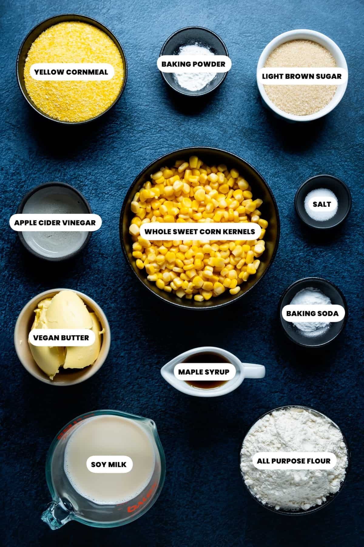 Photo of the ingredients needed to make vegan cornbread muffins.