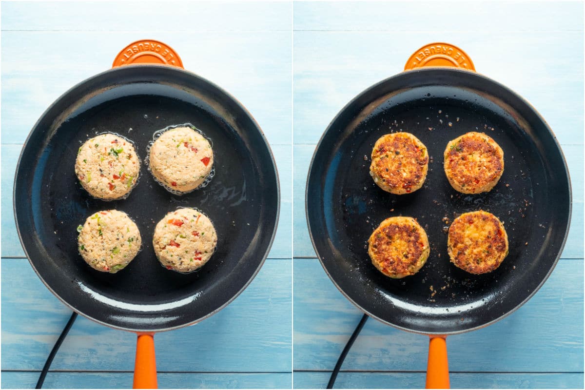 Two photo collage showing vegan crab cakes added to frying pan and then flipped.