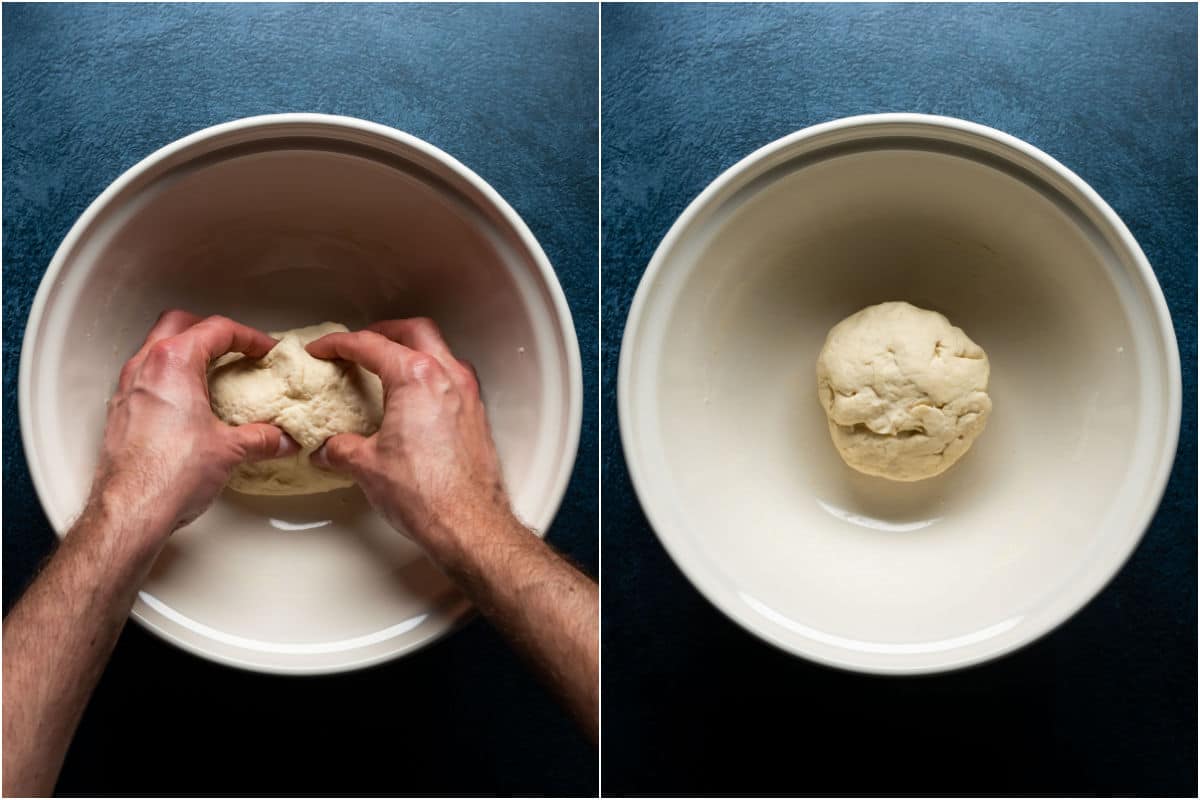 Two photo collage showing forming the dough into a ball.