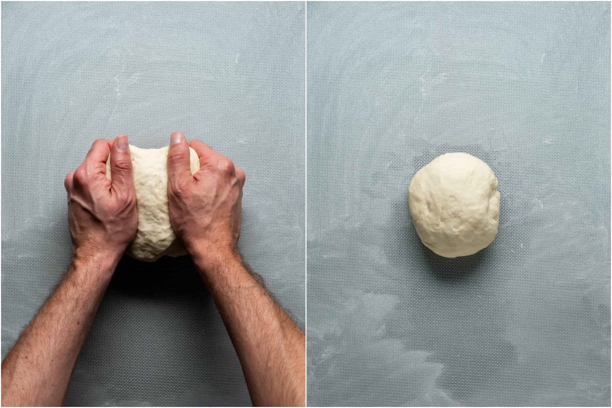 Two photo collage showing the ball of dough on a flour dusted surface and kneading it into a smooth ball.