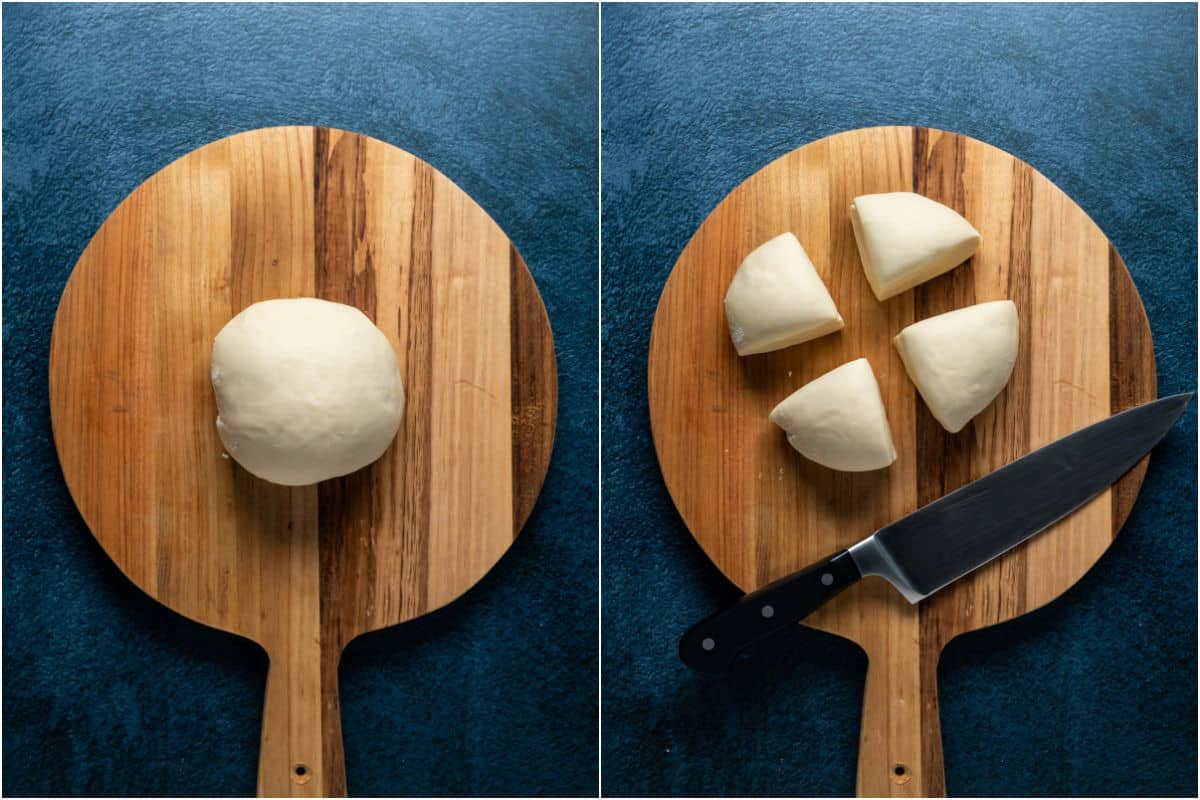 Two photo collage showing dough ball placed onto a wooden cutting board and cut into four pieces.
