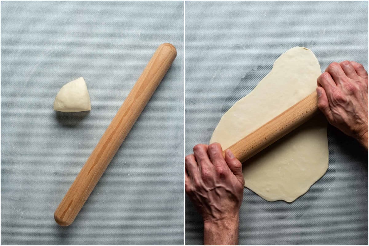 Two photo collage showing piece of dough placed on flour dusted surface and rolled out.