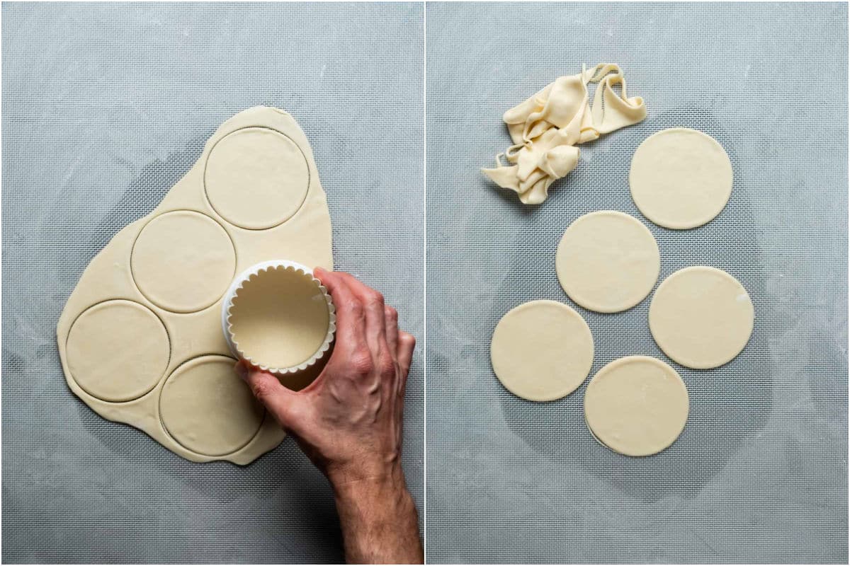 Two photo collage showing rolled out dough cut into circles.