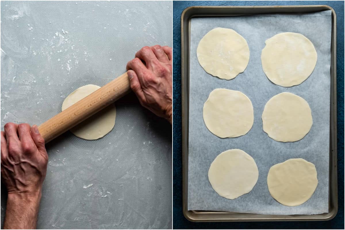 Two photo collage showing rolling out each dough circle and placing it onto a parchment lined tray.