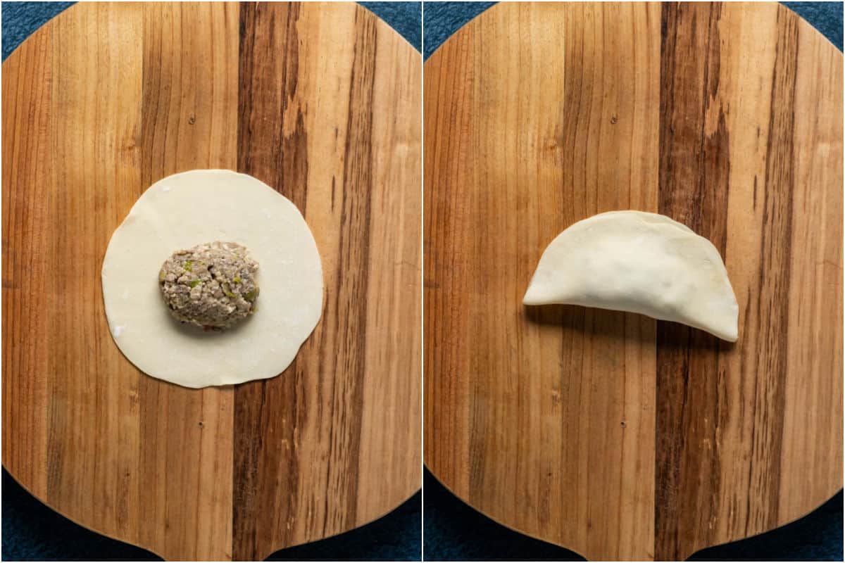 Two photo collage showing filling placed on top of wonton wrapper and then folded in half.