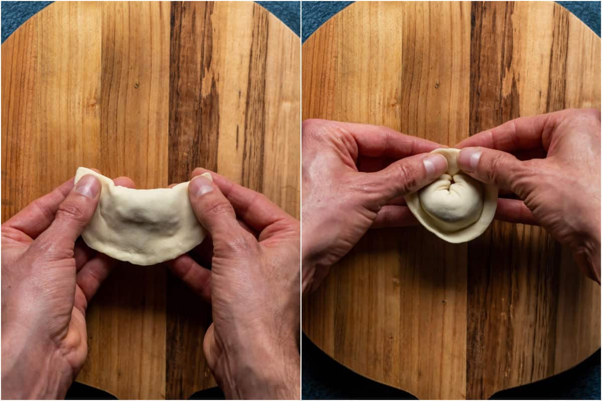 Two photo collage showing forming the filled dumpling into a folded shape.
