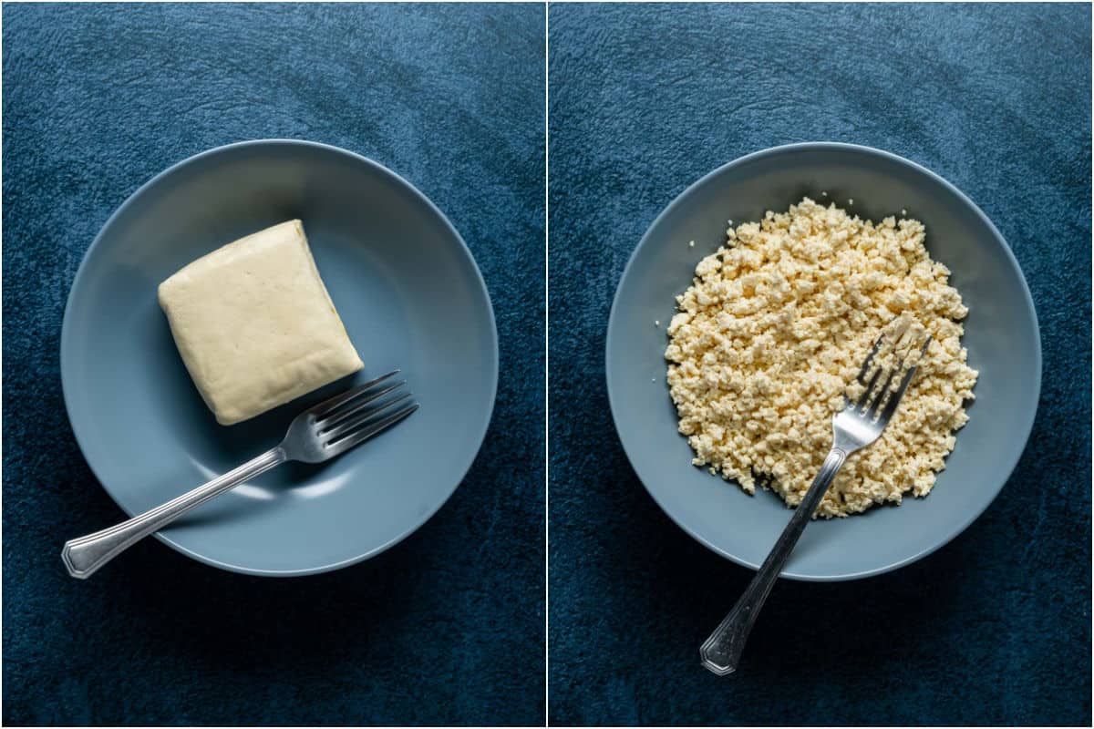 Two photo collage showing firm tofu added to bowl and mashed with a fork.